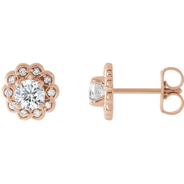 Vintage Inspired Feminine 14k Gold Diamond Halo-Style Earrings