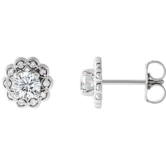 Vintage Inspired Feminine 14k Gold Diamond Halo-Style Earrings