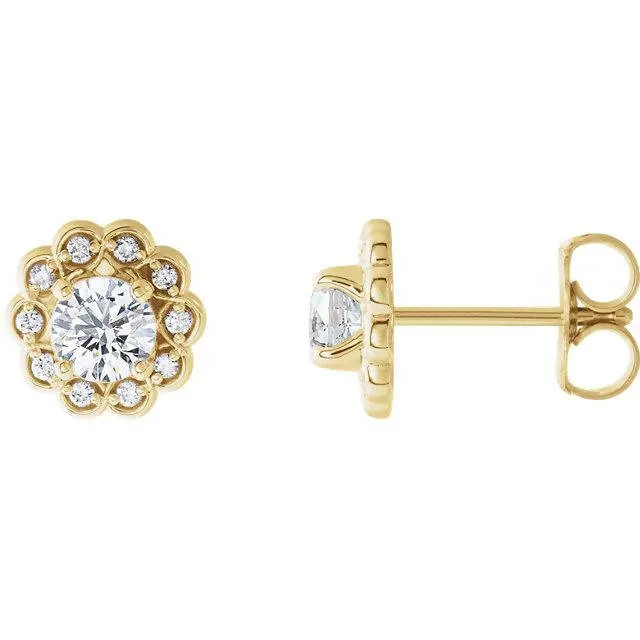 Vintage Inspired Feminine 14k Gold Diamond Halo-Style Earrings