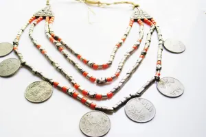 Vintage Saudi Arabian Necklace With Coins, Silver, Metal and Coral Glass Beads