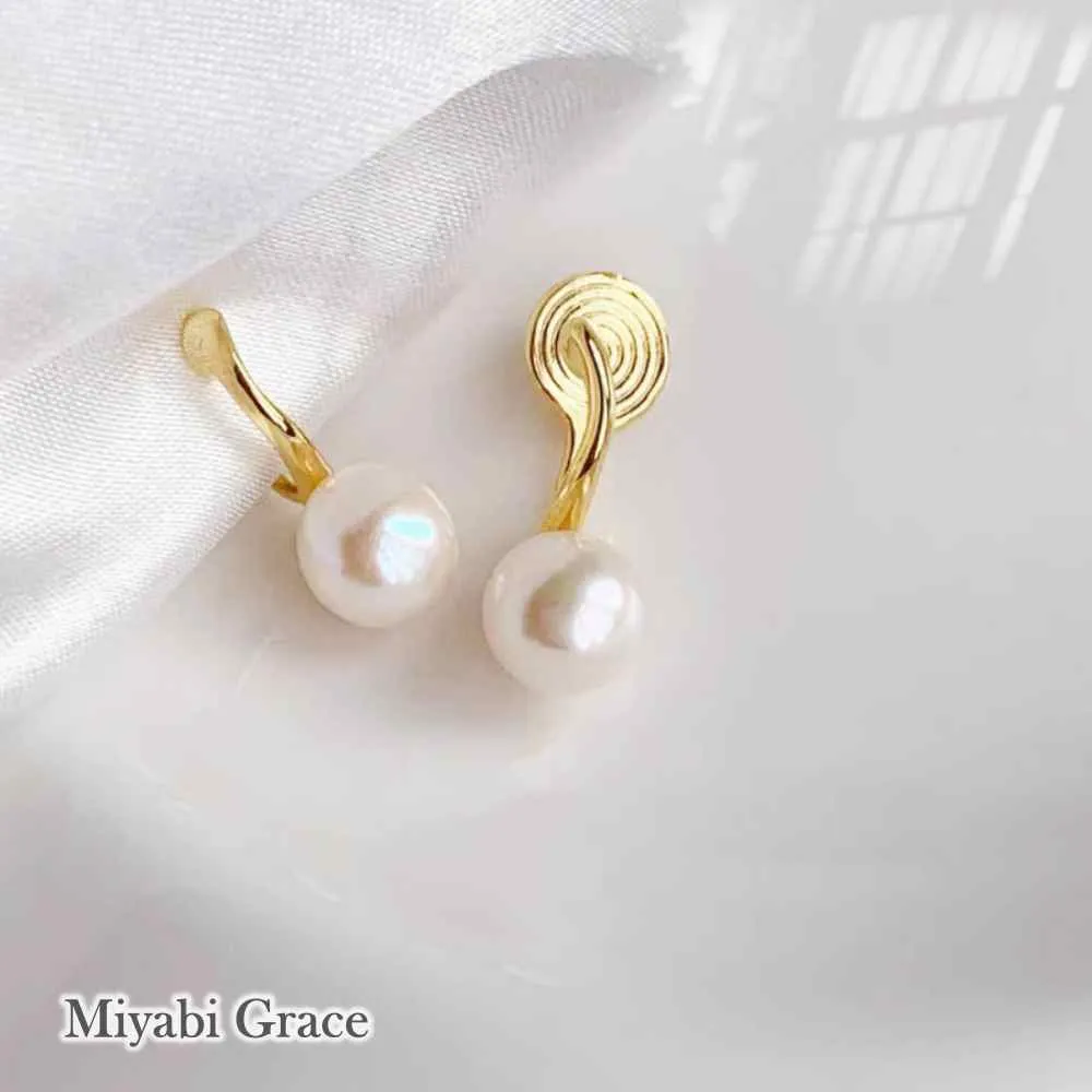White Freshwater Pearl & Gold Hoop Coil Clip On Earrings