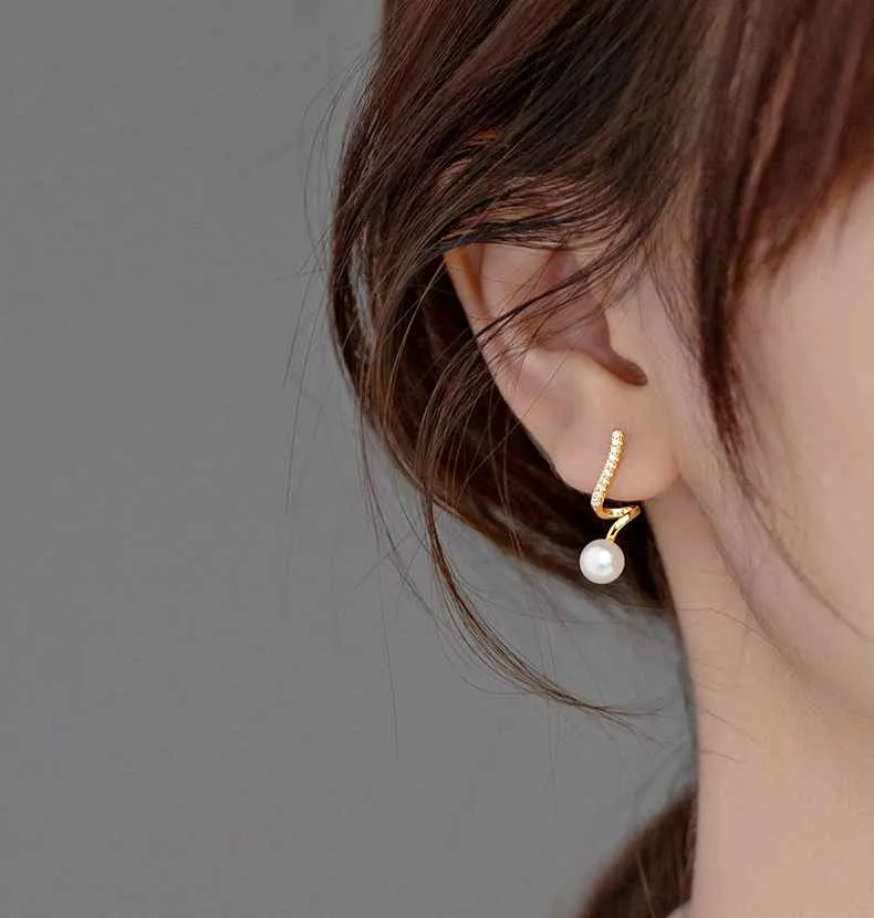 White Freshwater Pearl & Wave Cubic Zirconia Crystal CZ Gold Coil Clip On Earrings