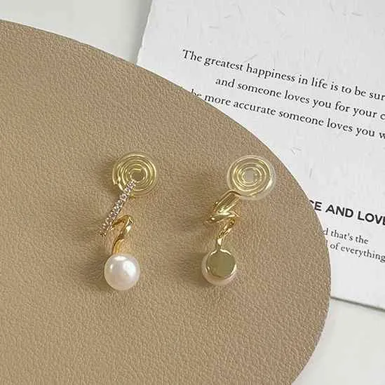 White Freshwater Pearl & Wave Cubic Zirconia Crystal CZ Gold Coil Clip On Earrings