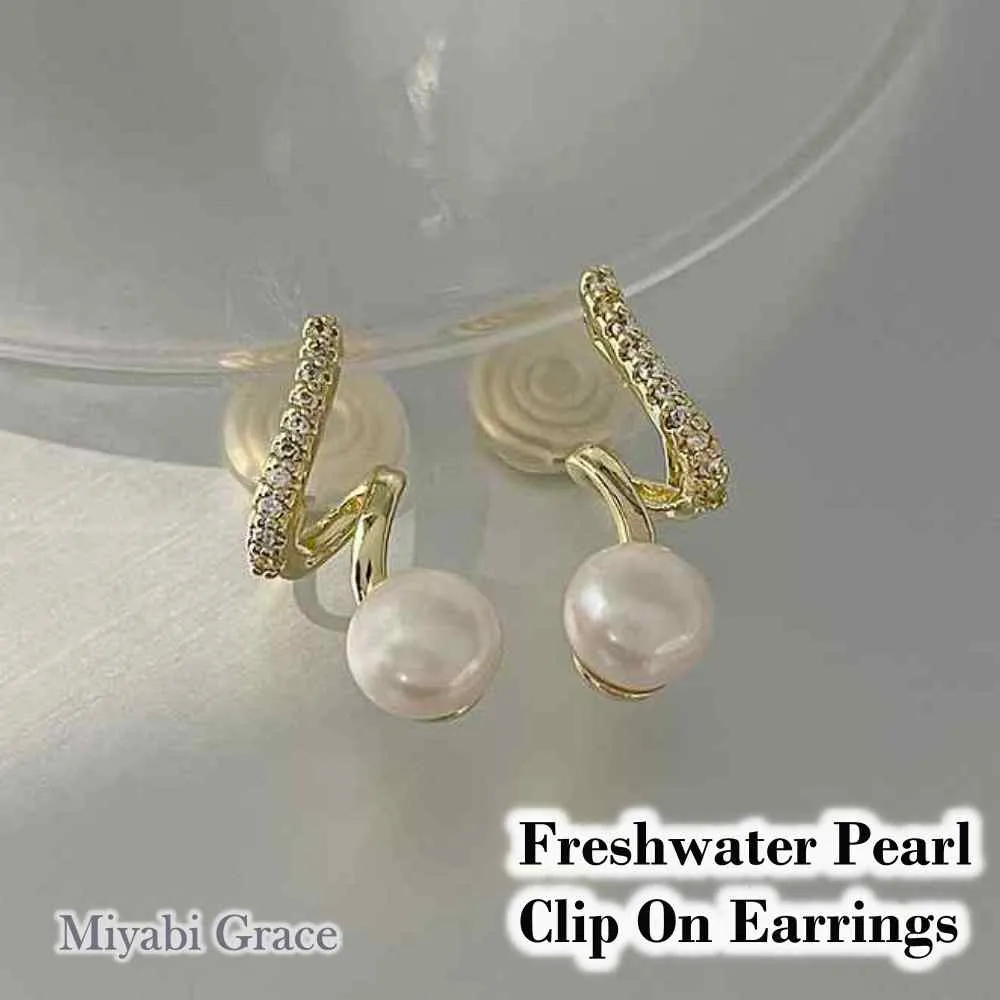 White Freshwater Pearl & Wave Cubic Zirconia Crystal CZ Gold Coil Clip On Earrings