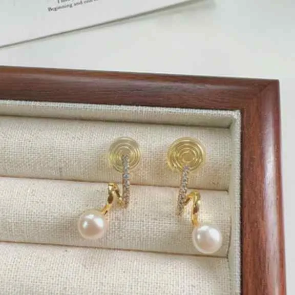 White Freshwater Pearl & Wave Cubic Zirconia Crystal CZ Gold Coil Clip On Earrings