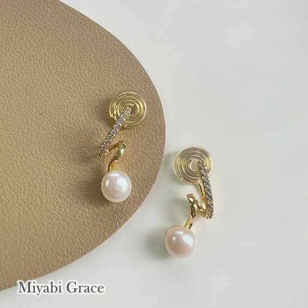White Freshwater Pearl & Wave Cubic Zirconia Crystal CZ Gold Coil Clip On Earrings