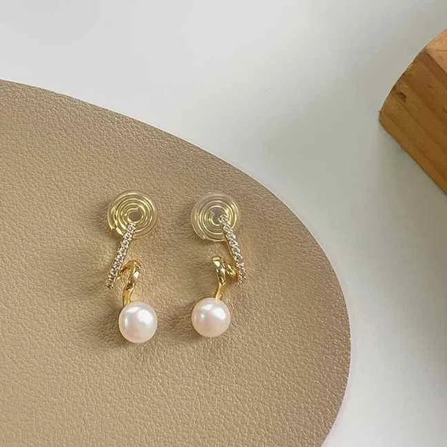 White Freshwater Pearl & Wave Cubic Zirconia Crystal CZ Gold Coil Clip On Earrings
