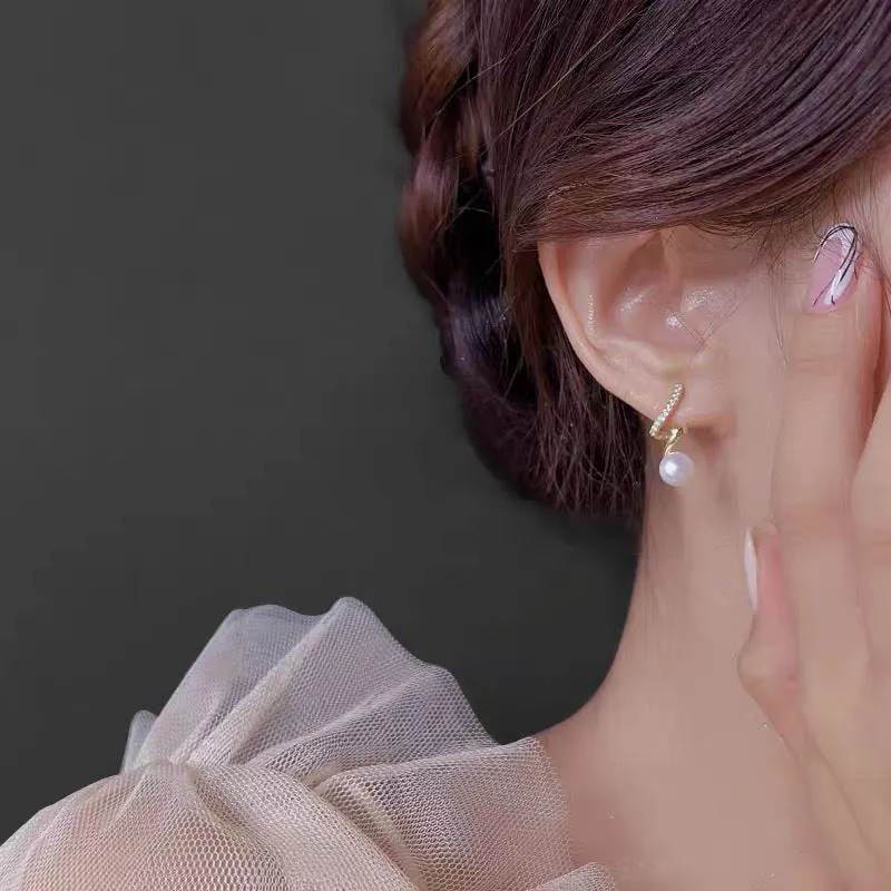 White Freshwater Pearl & Wave Cubic Zirconia Crystal CZ Gold Coil Clip On Earrings