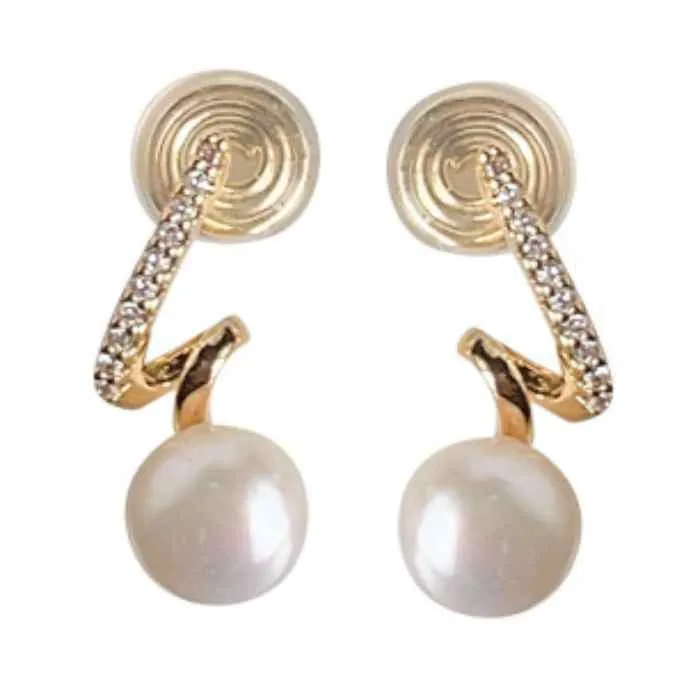 White Freshwater Pearl & Wave Cubic Zirconia Crystal CZ Gold Coil Clip On Earrings