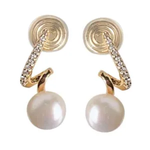 White Freshwater Pearl & Wave Cubic Zirconia Crystal CZ Gold Coil Clip On Earrings
