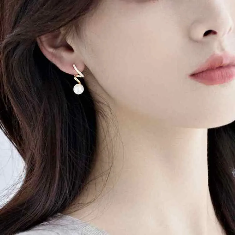 White Freshwater Pearl & Wave Cubic Zirconia Crystal CZ Gold Coil Clip On Earrings