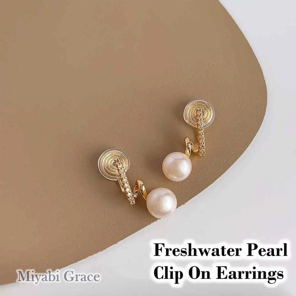 White Freshwater Pearl & Wave Cubic Zirconia Crystal CZ Gold Coil Clip On Earrings