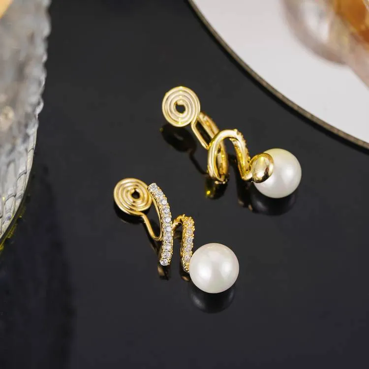 White Freshwater Pearl & Wave Cubic Zirconia Crystal CZ Gold Coil Clip On Earrings