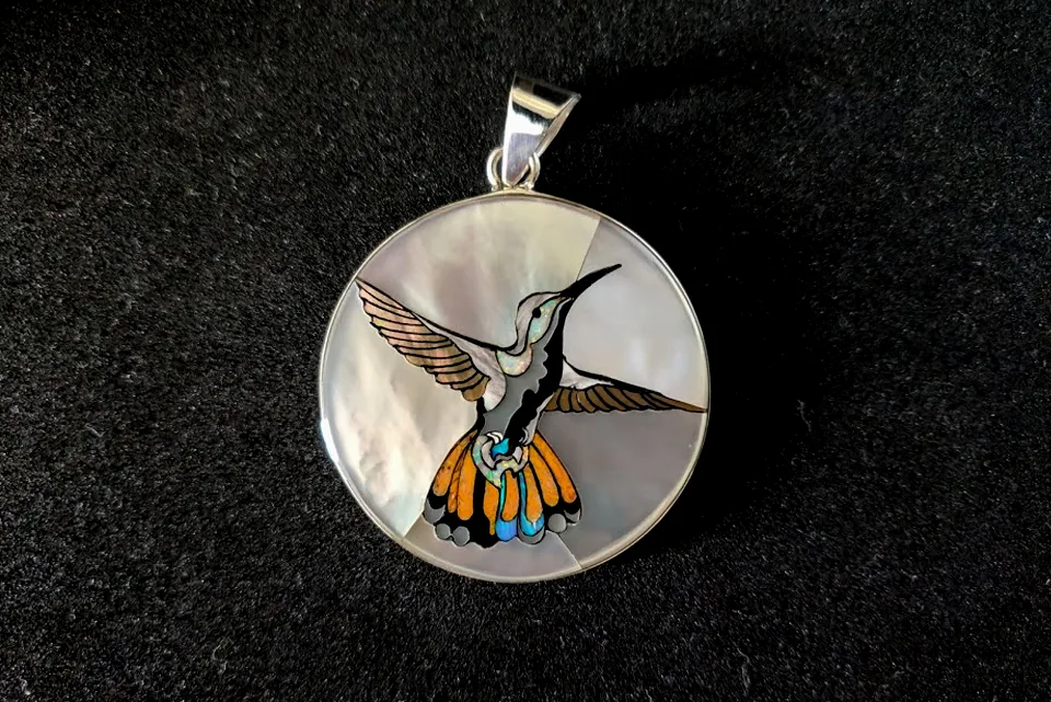 White Hummingbird Inlay Pendant - Sterling Silver Pendant with Mother of Pearl, Jet, Spiny Oyster Shell, and Paua Shell - 13g, 1.5" Diameter (Excluding Bail)