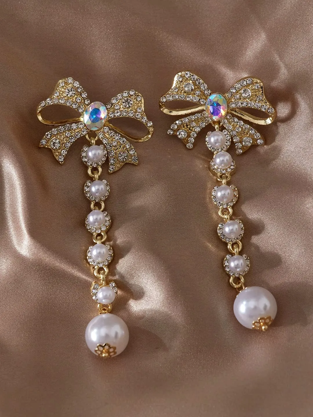 Yellow Chimes Earrings for Women and Girls Fashion White Pearl Dangler | Gold Plated Bow Knot Hanging Pearl Dangler Earrings | Birthday Gift for Girls & Women Anniversary Gift for Wife