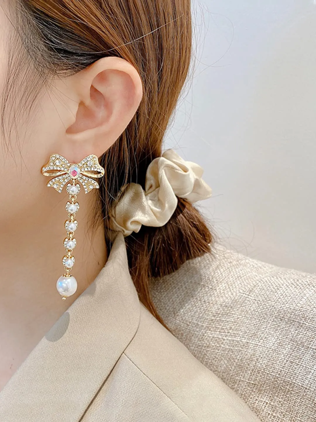 Yellow Chimes Earrings for Women and Girls Fashion White Pearl Dangler | Gold Plated Bow Knot Hanging Pearl Dangler Earrings | Birthday Gift for Girls & Women Anniversary Gift for Wife